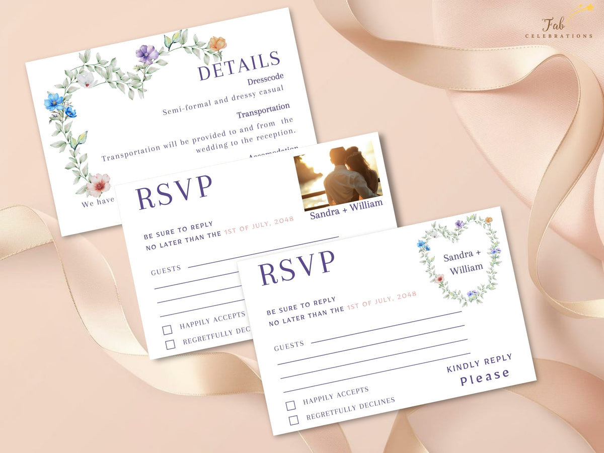 Two coordinated RSVP cards, including one version with a customizable photo area, shown with the matching wedding details card and watercolor-inspired floral heart accents in soft blue, purple, white and peach.