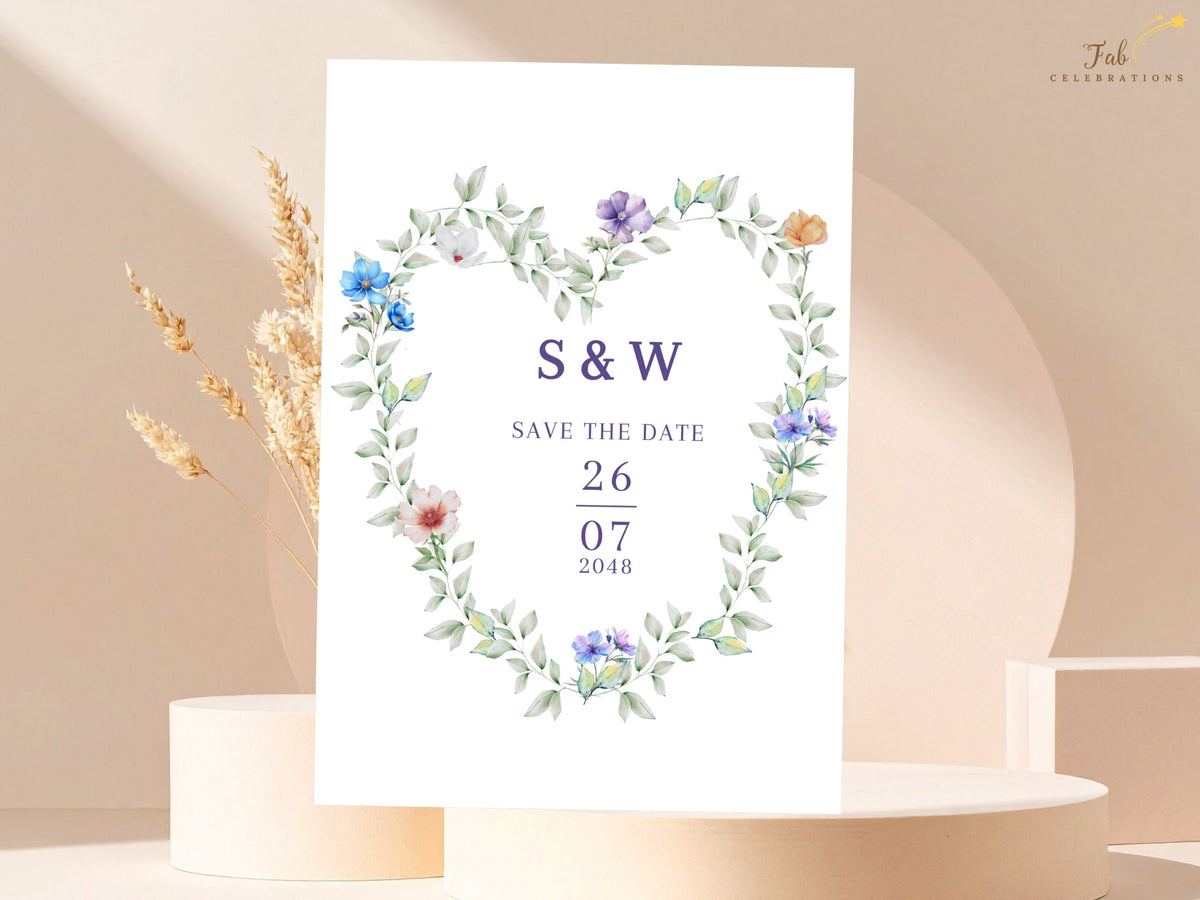 Save the date card with initials and wedding date centered inside a watercolor-inspired heart wreath of green foliage and delicate blue, purple, white and peach flowers with elegant purple typography.
