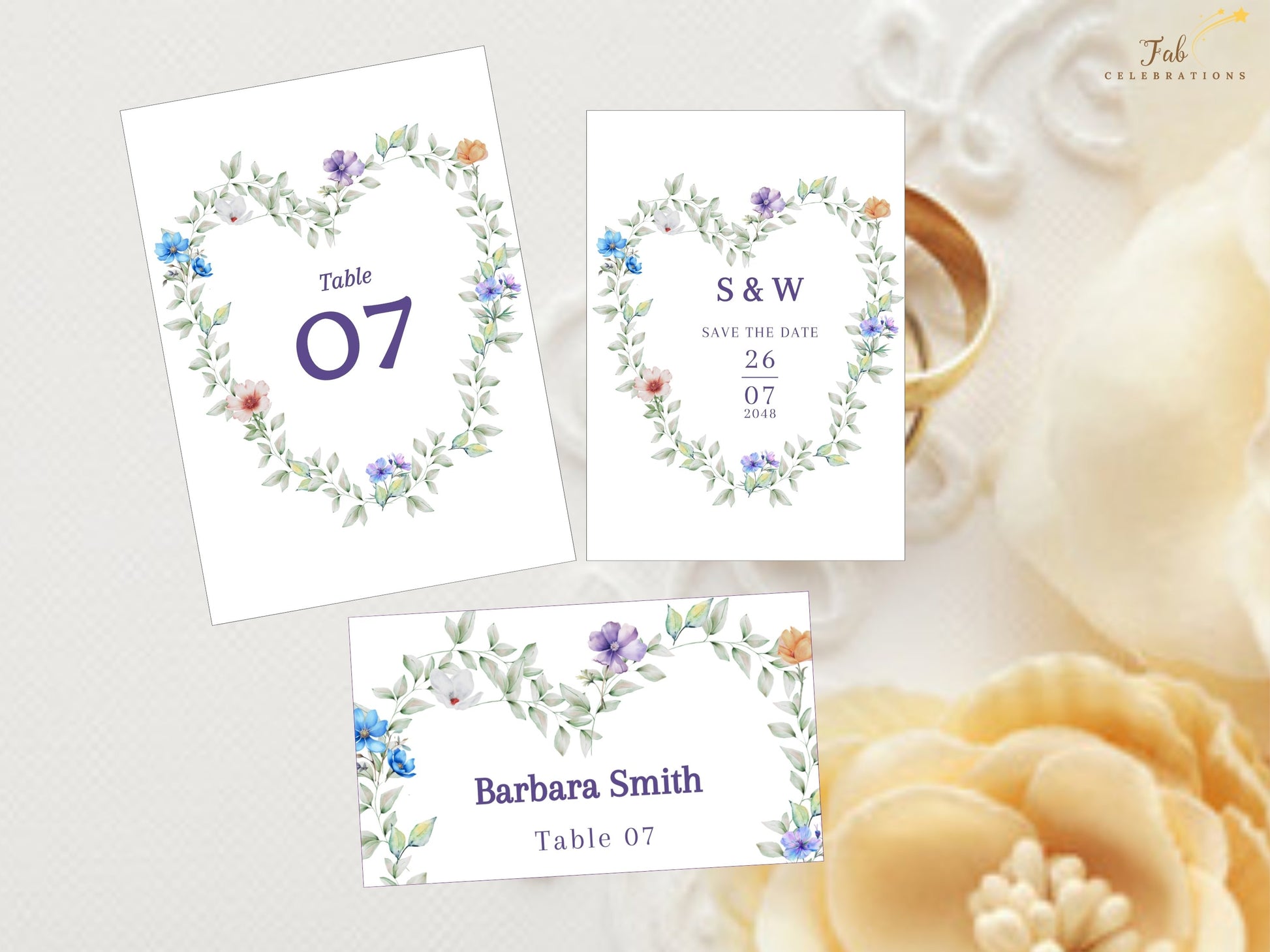 Heart Shaped Wedding Invitation Set including matching RSVP cards, wedding details card, and coordinated stationery for elegant wedding planning