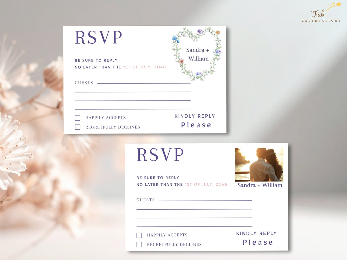 Two matching wedding RSVP card templates, one with response fields and floral accents and one with a customizable photo area, coordinated with the collection's watercolor-inspired heart wreath design.
