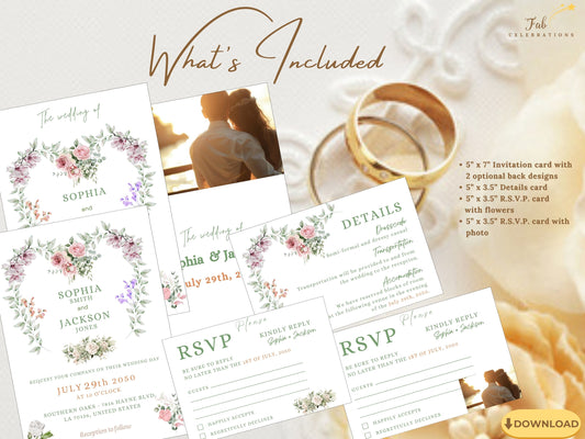 Heart wedding invitations Canva template suite with watercolor floral heart, pastel orange, pink roses and lavender sprigs, ideal for rustic French countryside weddings.