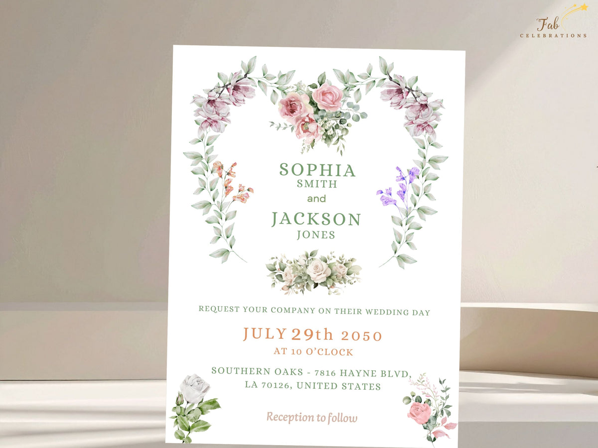 Heart Wedding Invitations editable Canva card featuring a delicate watercolor-inspired floral heart wreath, soft pink and purple flowers, greenery and elegant personalized wedding details.