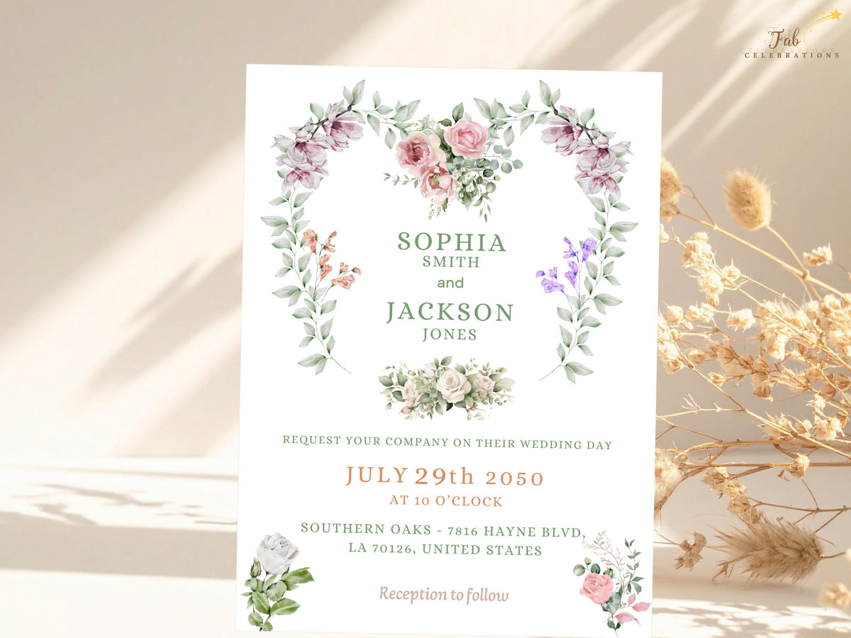 Wedding invitation front featuring a romantic watercolor-inspired floral heart wreath with soft pink roses, purple blossoms and greenery surrounding elegant personalized wedding typography.