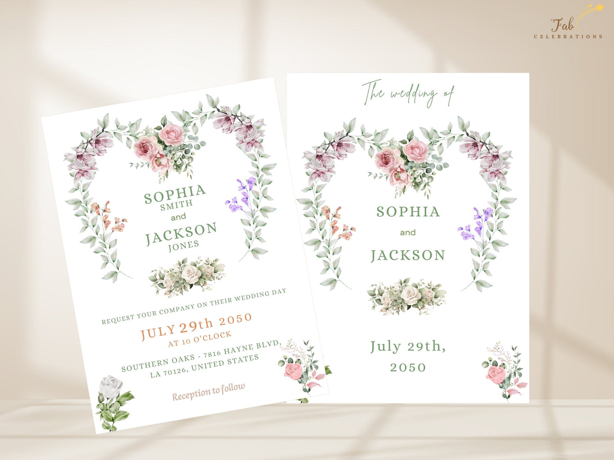 Heart Wedding Invitations front and text back shown together, pairing the floral heart-wreath invitation design with a coordinated reverse layout for names, date and venue information.