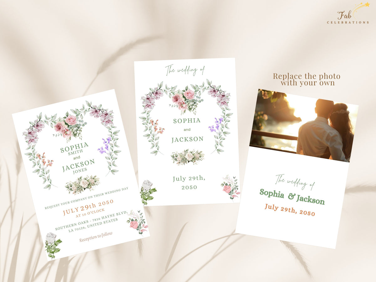Wedding invitation shown with two coordinated back designs, including an elegant text layout and a personalized photo option, all framed with delicate watercolor-inspired pink and green florals.
