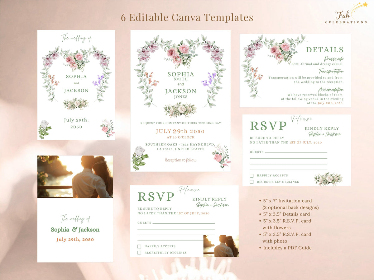 Heart Wedding Invitations six editable Canva templates displayed together, including invitation front, two back options, two RSVP designs, and a details card with coordinated floral styling.