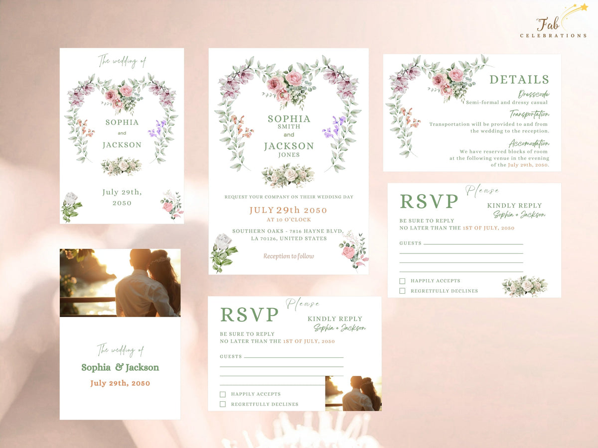 Heart Wedding Invitations six-template set featuring a watercolor-inspired floral invitation, two back designs including a photo option, two RSVP cards with one photo version, and a details card.