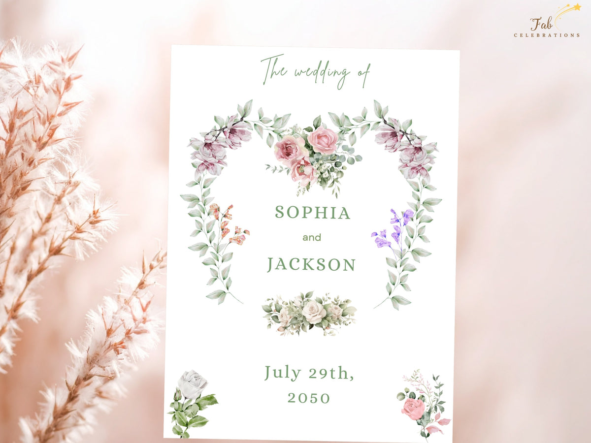 Wedding invitation text back featuring a watercolor-inspired floral wreath, elegant couple names, wedding date, venue information and coordinated botanical accents for a polished stationery design.