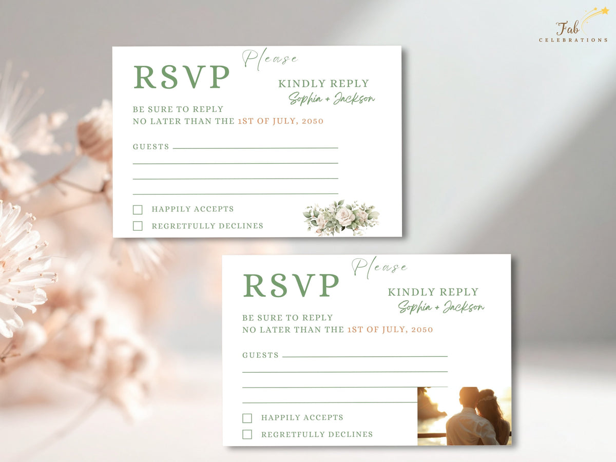 Two coordinated wedding RSVP cards, one featuring a classic response layout and the other including a couple photo, both accented with delicate watercolor-inspired botanical details.