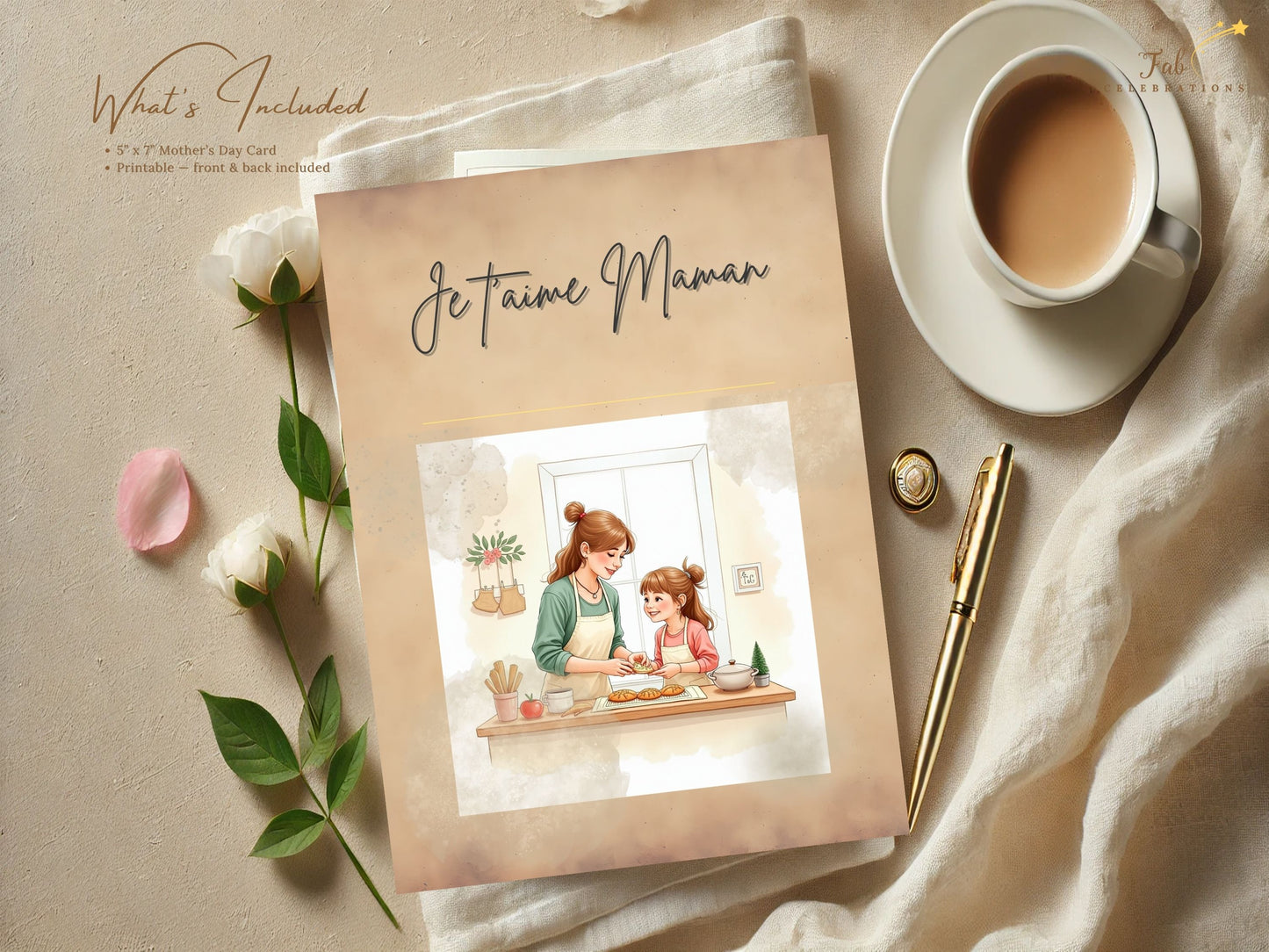 Je t’aime Maman Card Printable featuring a tender mother and daughter baking together in a cozy kitchen scene, illustrated in soft watercolor-inspired pastel tones with elegant French-inspired typography.