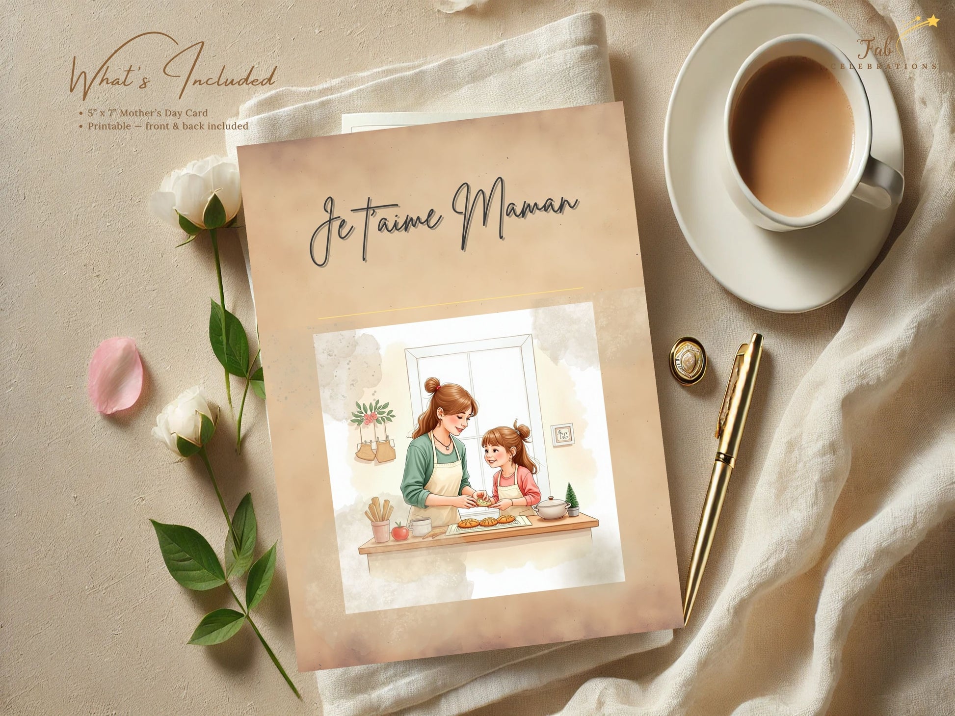 Je t’aime Maman Card Printable featuring a tender mother and daughter baking together in a cozy kitchen scene, illustrated in soft watercolor-inspired pastel tones with elegant French-inspired typography.