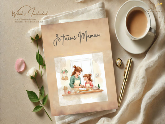 Je t’aime Maman Card Printable featuring a tender mother and daughter baking together in a cozy kitchen scene, illustrated in soft watercolor-inspired pastel tones with elegant French-inspired typography.