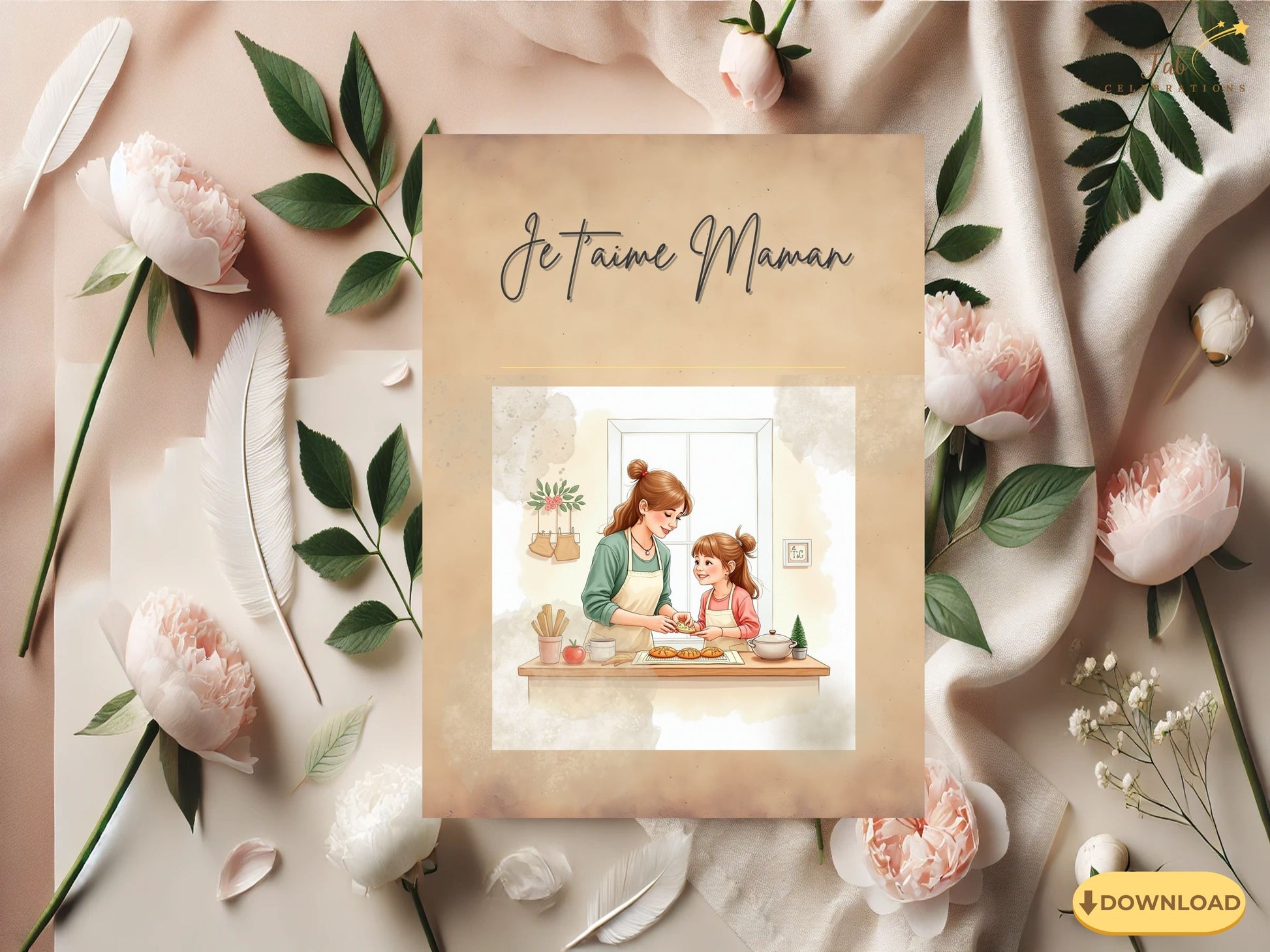 Je t’aime Maman Card Printable highlighting a gentle mother and daughter interaction in a cozy baking setting, designed with delicate watercolor-inspired textures and timeless elegant styling.