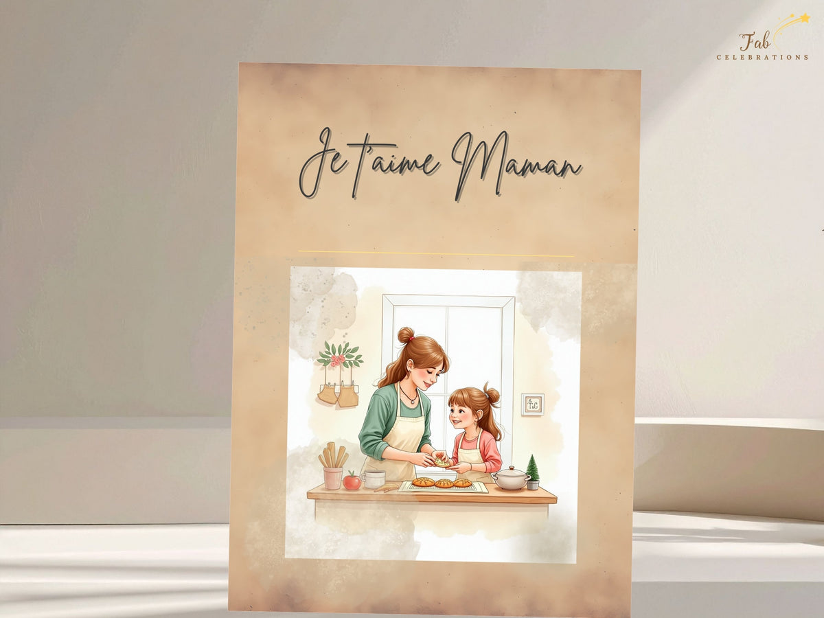 Je t’aime Maman printable greeting card with a charming mother-and-child illustration, warm beige textures and an elegant French message for a thoughtful Mother’s Day gift. A printable Canva template.