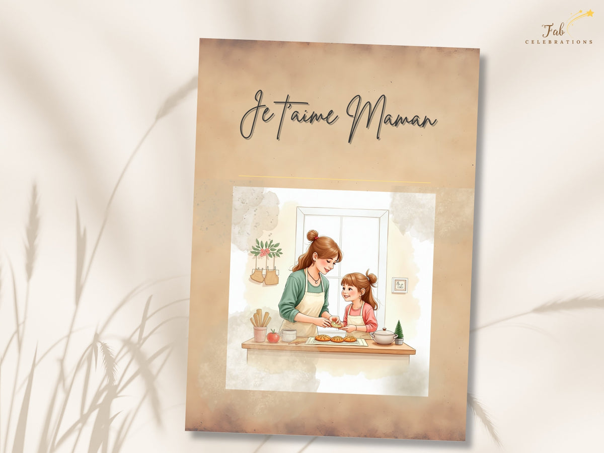 Elegant printable Mother’s Day greeting featuring Je t’aime Maman and a sweet mother-and-child illustration, with understated French styling and warm beige textures. Ready to personalize in Canva.