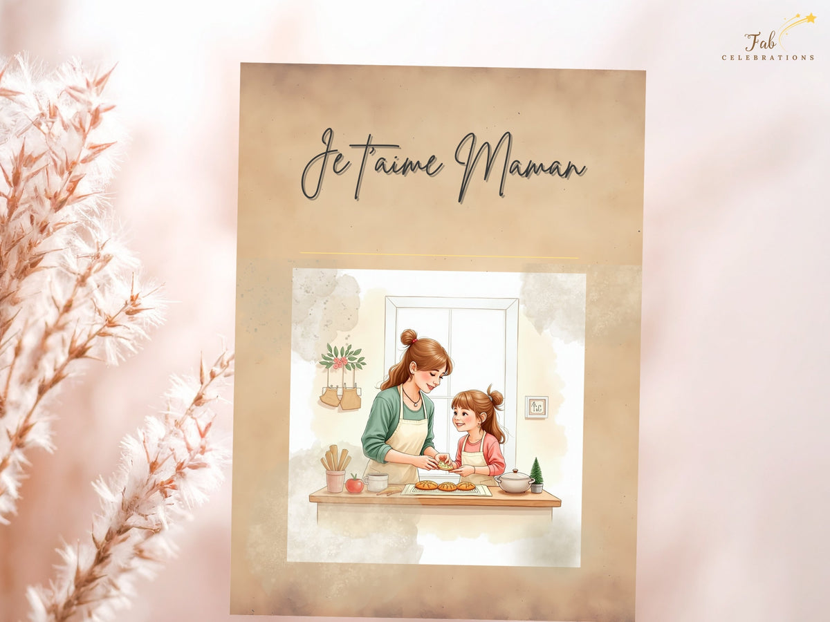 Mother’s Day card design with Je t’aime Maman text and a gentle illustration of a mother and child, presented in soft, watercolor-inspired tones for a loving printable keepsake. Customize in Canva.