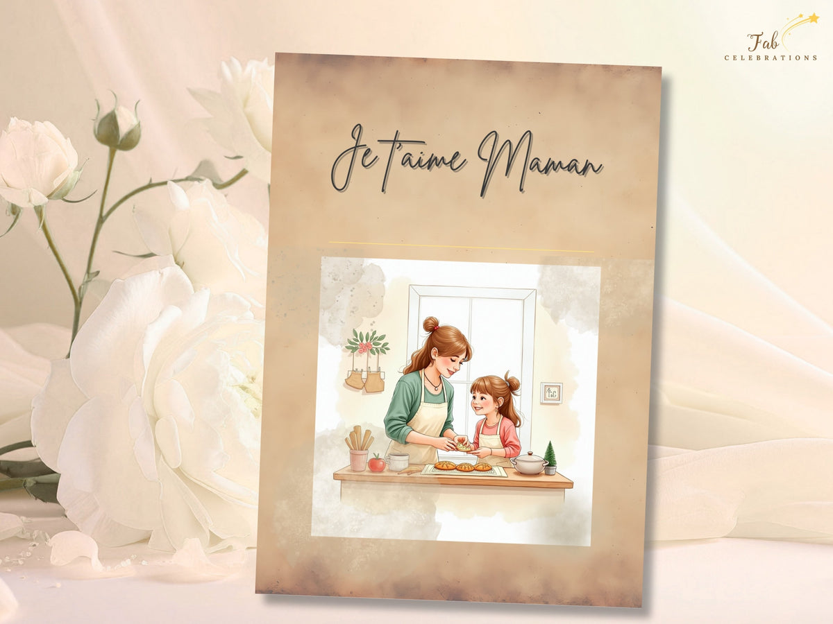 Je t’aime Maman Card Printable featuring the French love message and a tender mother-and-child illustration, with soft neutral tones and a watercolor-inspired finish for Mother’s Day.
