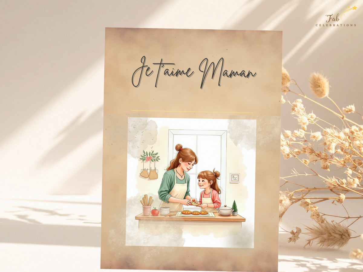 French Mother’s Day card printable with handwritten-style Je t’aime Maman and a tender mother-and-child scene, offering a timeless, watercolor-inspired design to customize. A printable Canva template.