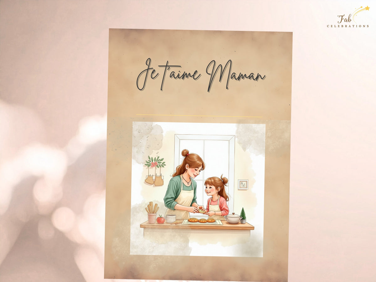 Mother’s Day Canva printable with a tender mother-and-child illustration beneath Je t’aime Maman, offering a warm, watercolor-inspired way to celebrate a special mom. Ready to personalize in Canva.