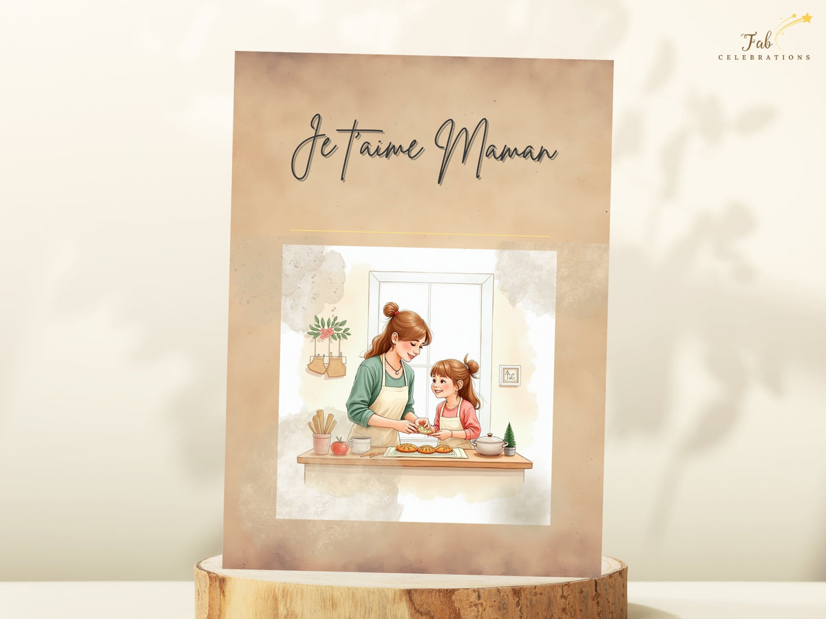 Printable French love-you-mom card with delicate mother-and-child artwork, Je t’aime Maman lettering and a warm neutral palette suited to a personal Mother’s Day greeting. A printable Canva template.