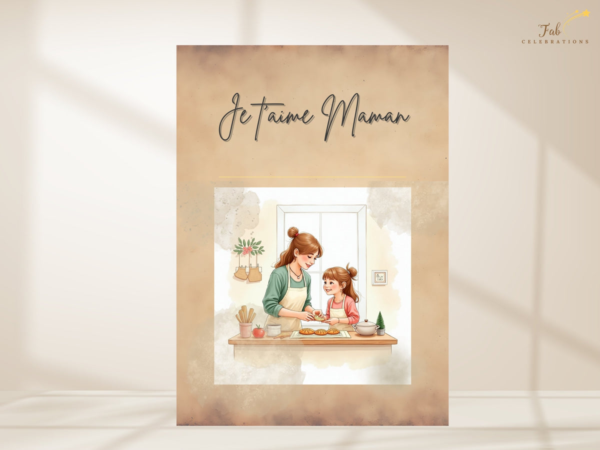 French Mother’s Day printable card with Je t’aime Maman lettering above a sweet mother-and-child scene, combining warm beige shades and watercolor-inspired artwork. Ready to personalize in Canva.