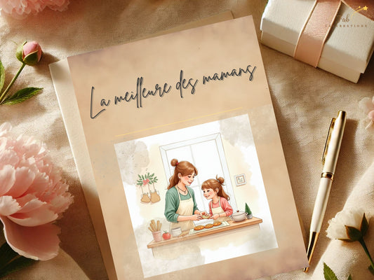 La meilleure des mamans Card Printable featuring a tender mother and daughter baking together in a cozy kitchen scene, illustrated in soft watercolor-inspired pastel tones with elegant French-inspired typography.
