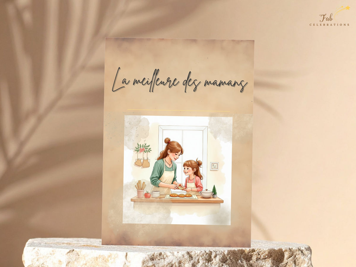 French Mother’s Day card featuring a sweet illustrated mother and daughter baking together at a kitchen counter, with delicate floral accents, warm neutral shades and soft touches of green and pink.
