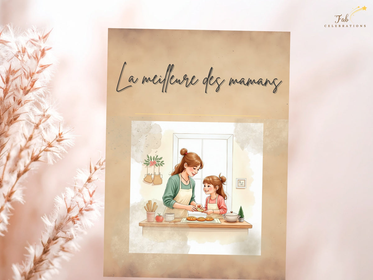 A printable French Mother's Day card reading 'La meilleure des mamans,' with watercolor-inspired artwork of a mother and child sharing a sweet moment, ready to personalize in Canva. in soft, elegant.