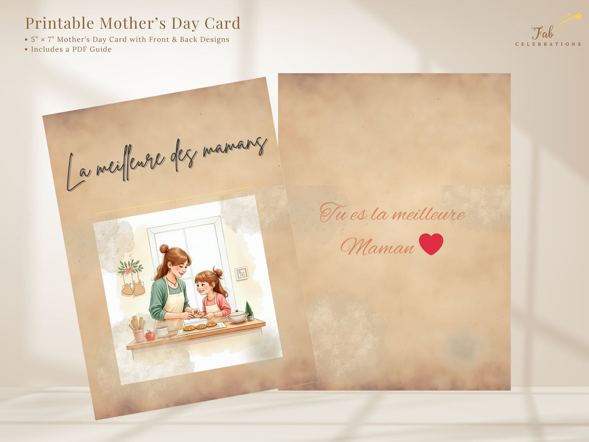 Front and back of the French Mother's Day card 'La meilleure des mamans,' with watercolor-inspired mother-and-child art and an editable reverse for your name, signature or personal note.
