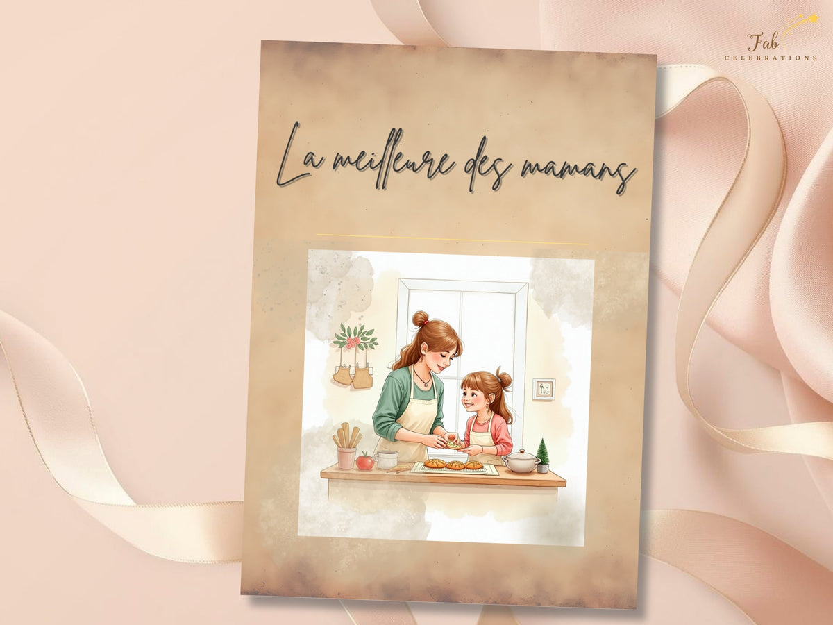 A printable French Mother's Day card reading 'La meilleure des mamans,' with watercolor-inspired artwork of a mother and child sharing a sweet moment, ready to personalize in Canva. with graceful, te.