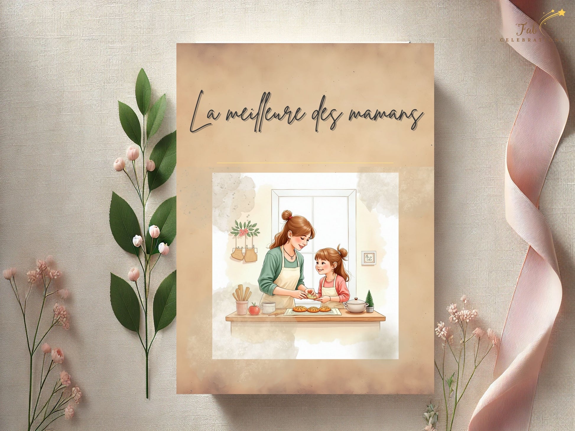 La meilleure des mamans Card Printable highlighting a gentle mother and daughter interaction in a cozy baking setting, designed with delicate watercolor-inspired textures and timeless elegant styling.