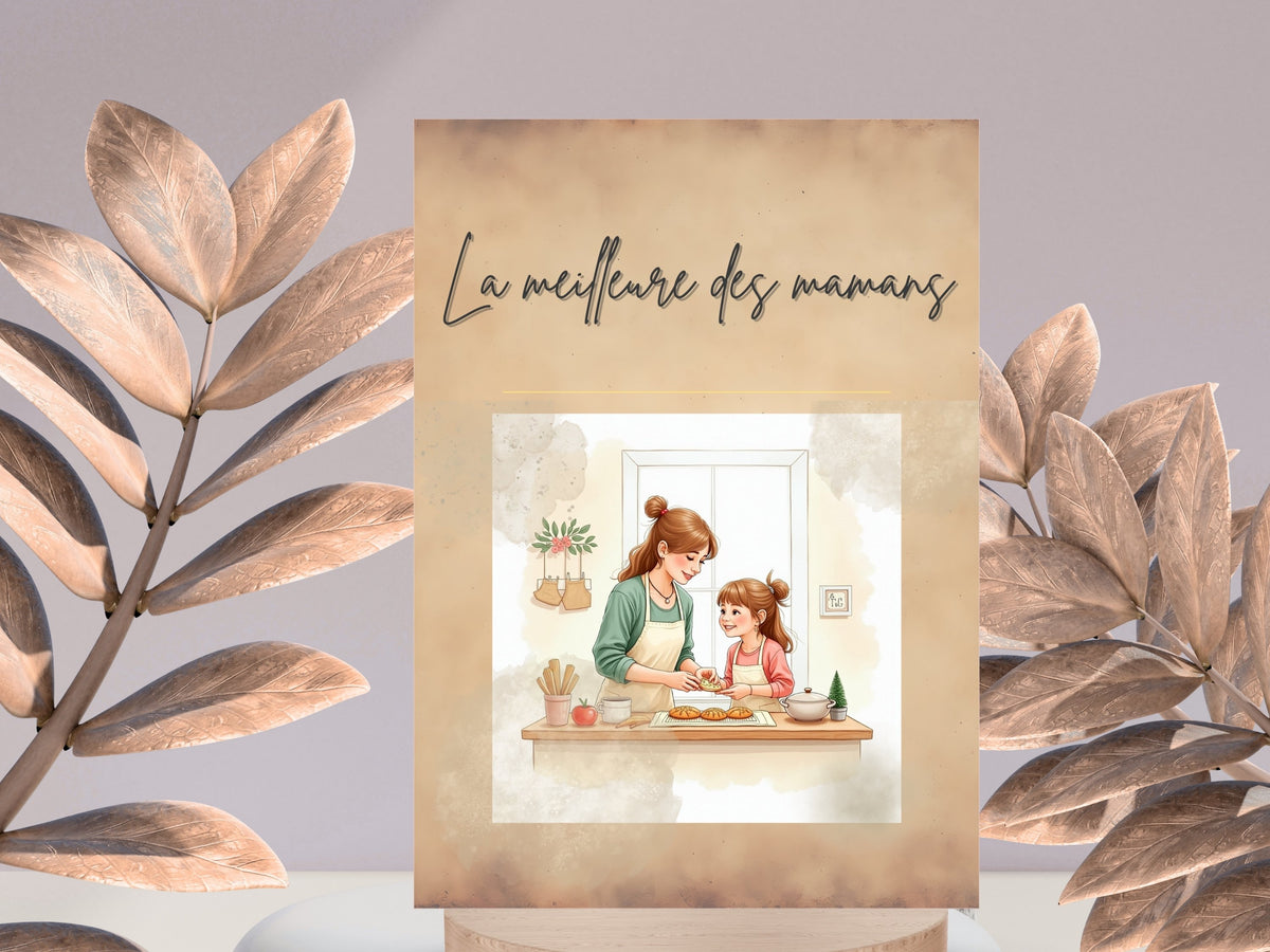 La meilleure des mamans card featuring a joyful mother and daughter cooking together, with a charming kitchen illustration, delicate flowers and a soft palette of green, pink and warm beige.