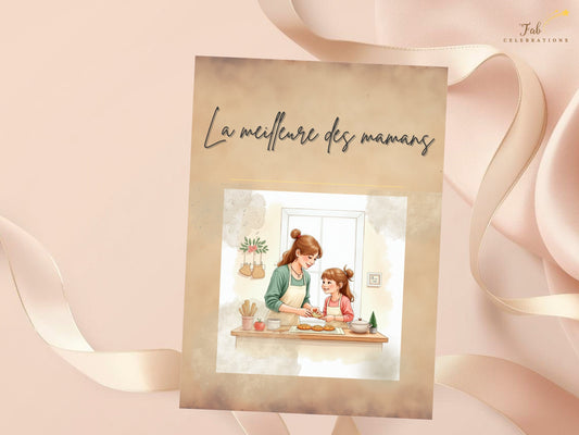 La meilleure des mamans Card Printable featuring a heartfelt French message with a sweet illustration of a mother and daughter baking together in a warm kitchen with soft green, pink and beige details.