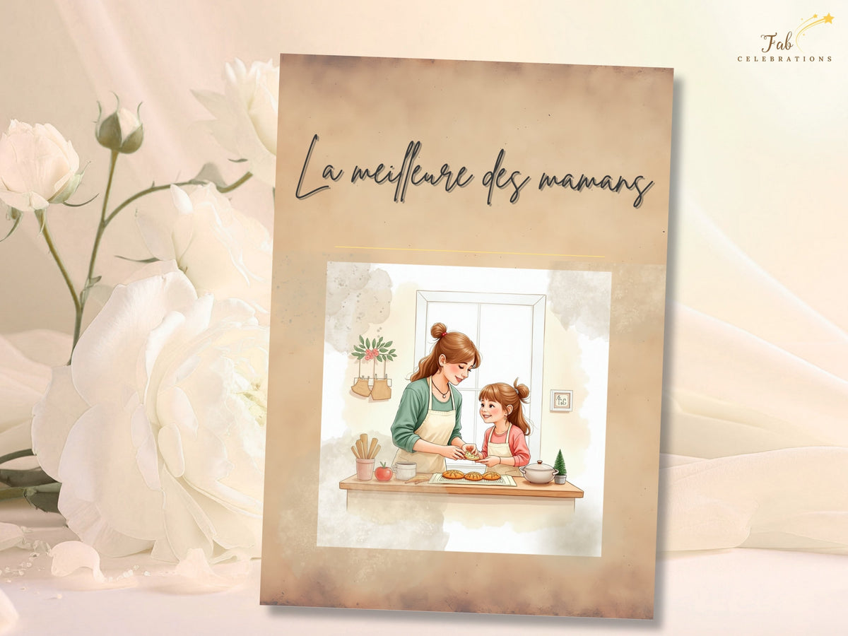 A printable French Mother's Day card reading 'La meilleure des mamans,' with watercolor-inspired artwork of a mother and child sharing a sweet moment, ready to personalize in Canva. in a timeless kee.
