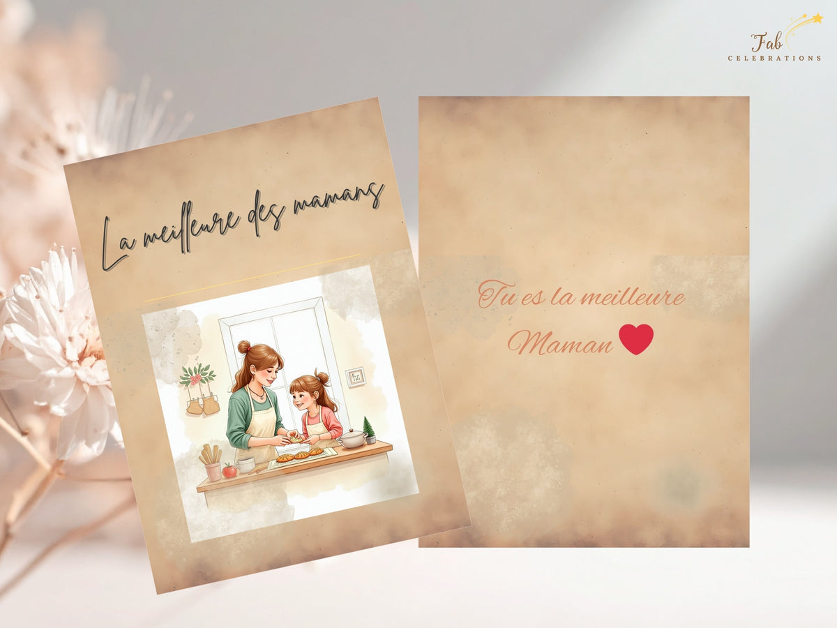 Front and back of the French Mother's Day card 'La meilleure des mamans,' with watercolor-inspired mother-and-child art and an editable reverse for your name, signature or personal note.