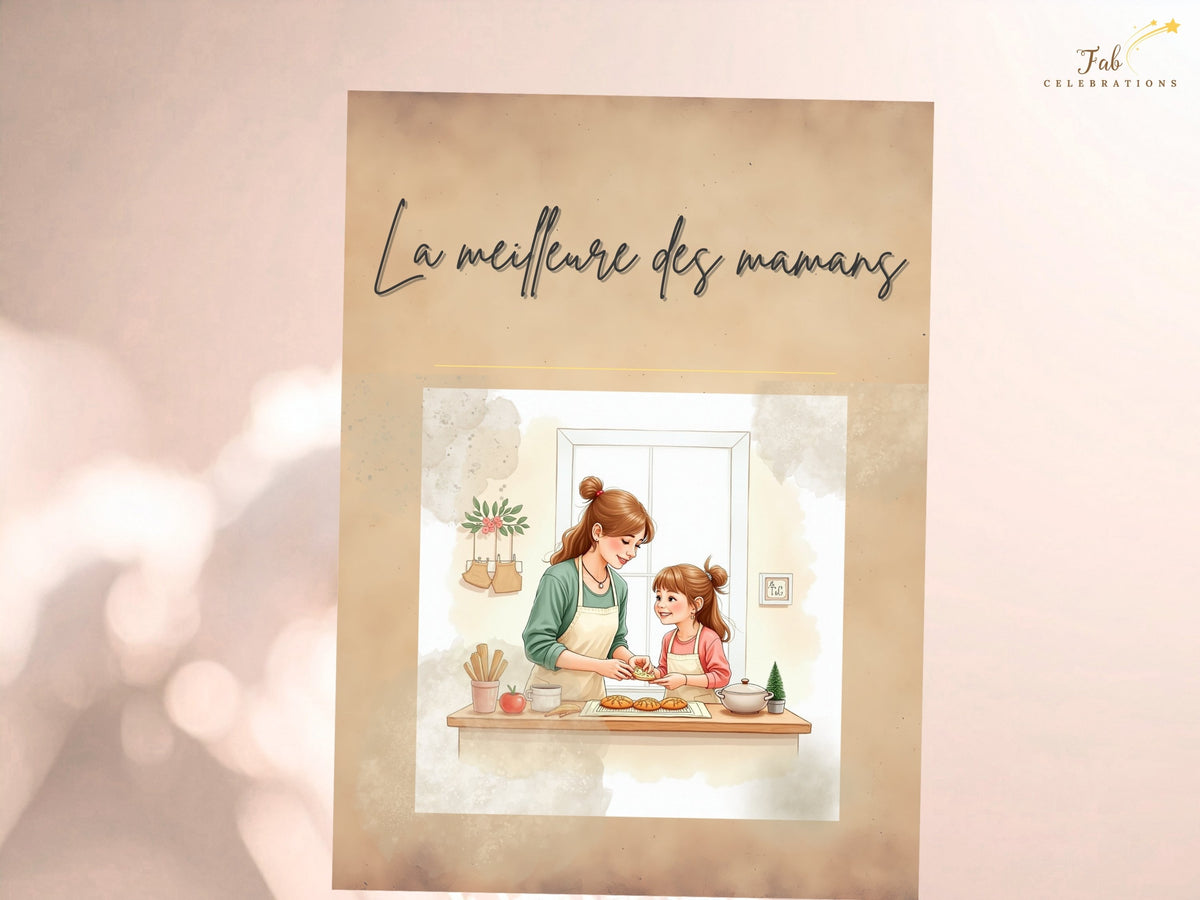 A printable French Mother's Day card reading 'La meilleure des mamans,' with watercolor-inspired artwork of a mother and child sharing a sweet moment, ready to personalize in Canva. with delicate and.