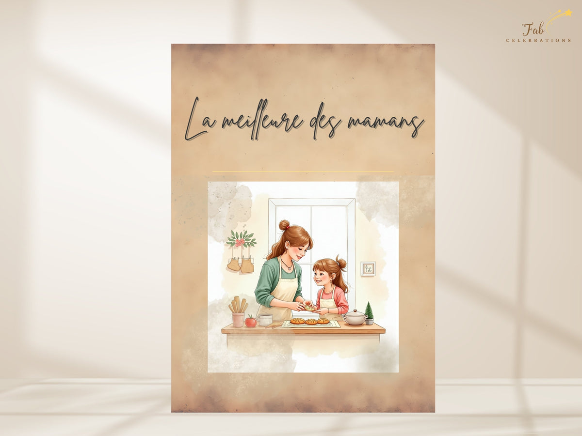 A printable French Mother's Day card reading 'La meilleure des mamans,' with watercolor-inspired artwork of a mother and child sharing a sweet moment, ready to personalize in Canva. with a gentle, af.