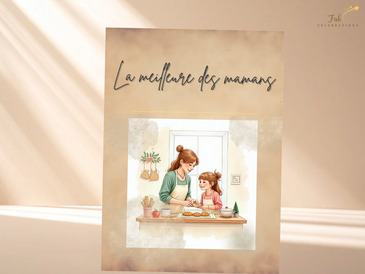 A printable French Mother's Day card reading 'La meilleure des mamans,' with watercolor-inspired artwork of a mother and child sharing a sweet moment, ready to personalize in Canva. with a soft and c.