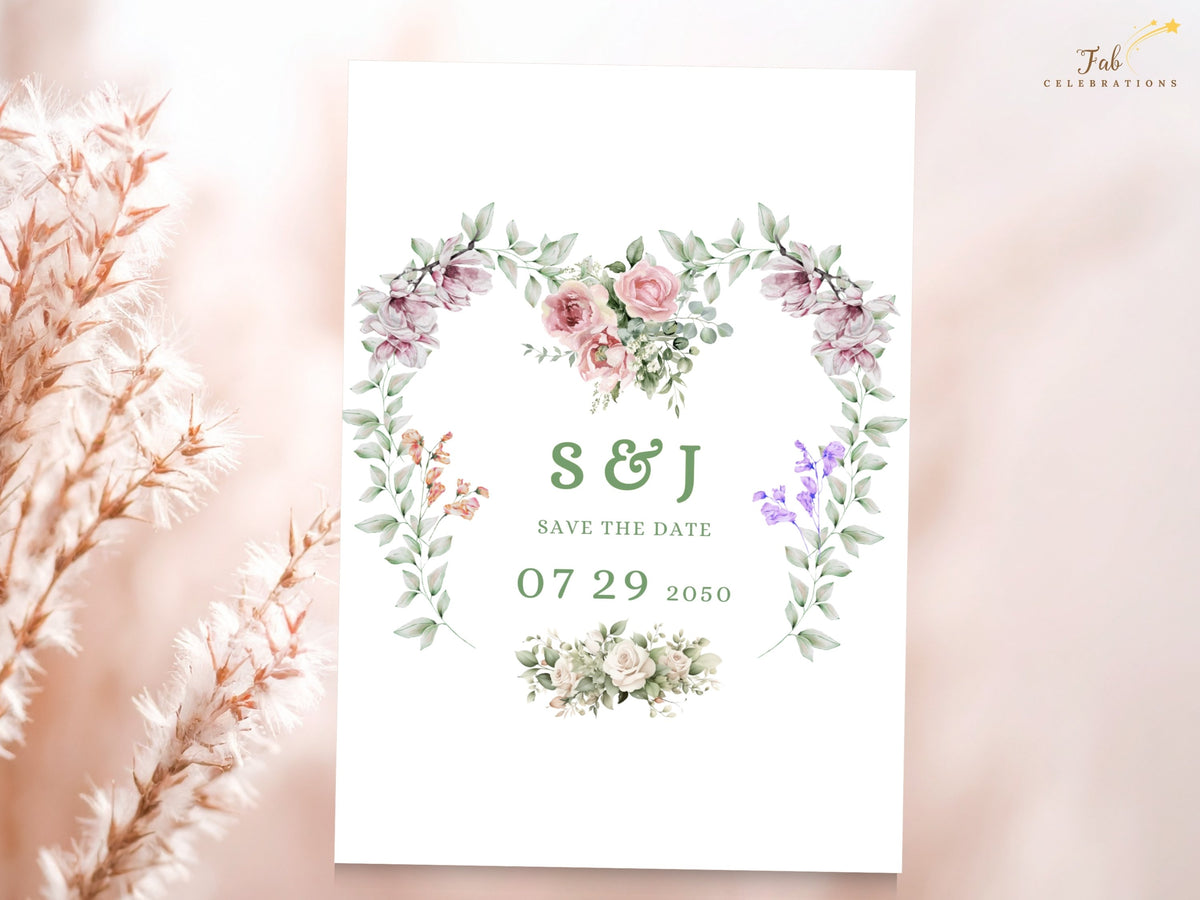 Botanical save the date card featuring personalized initials and wedding date within a watercolor-inspired floral heart of pink roses, purple blossoms and soft green foliage.