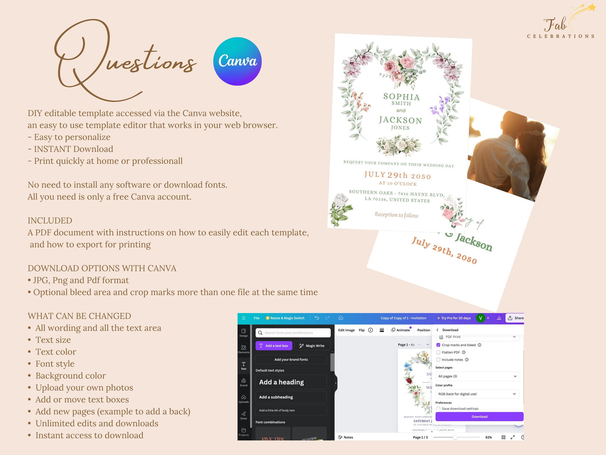 Canva wedding template help guide answering common questions about editing text, changing fonts and colors, replacing photos, downloading files, and personalizing every card with ease.