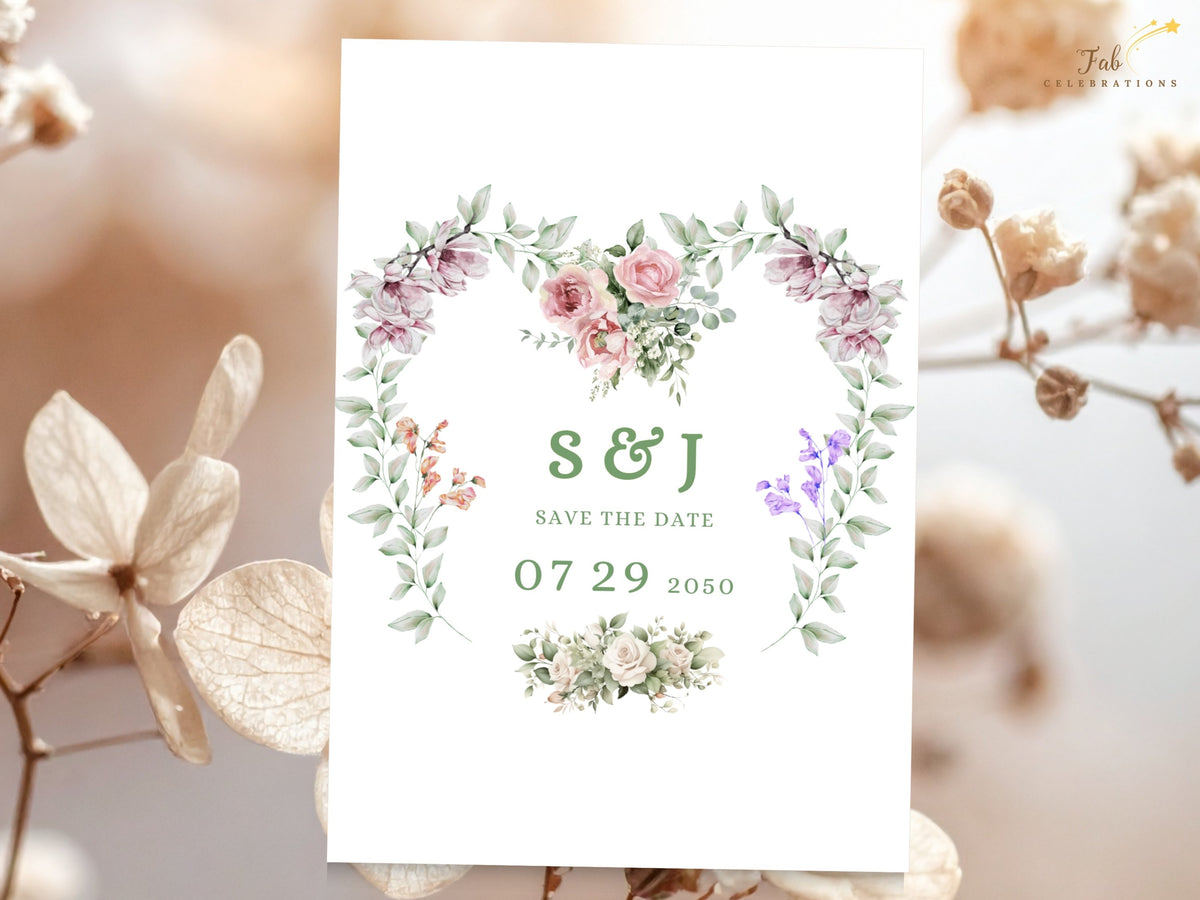 Lavender Wedding Invitations editable Canva save the date card featuring personalized initials and wedding date inside a delicate watercolor-inspired floral heart wreath.