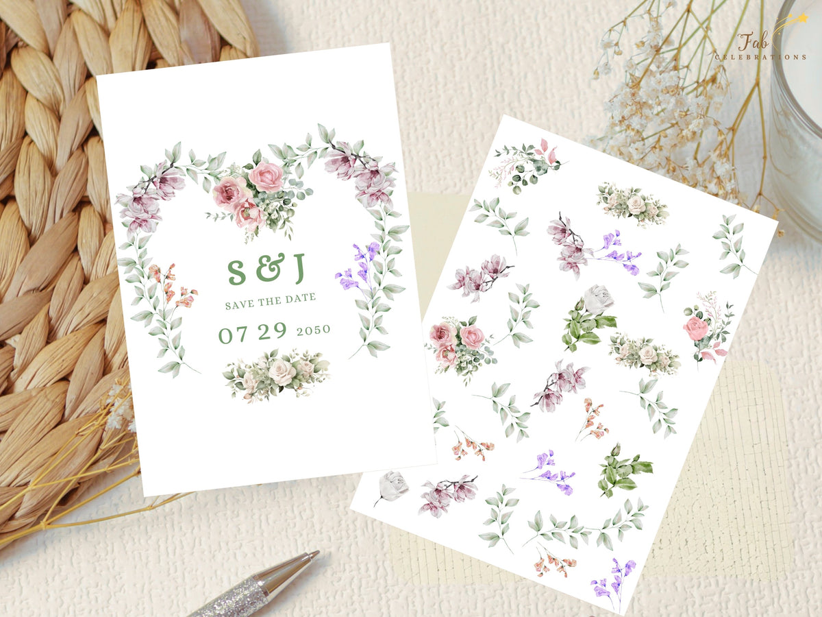 Save the date card displayed beside the watercolor-inspired floral elements used in the collection, highlighting pink roses, purple blossoms, greenery and delicate botanical details.