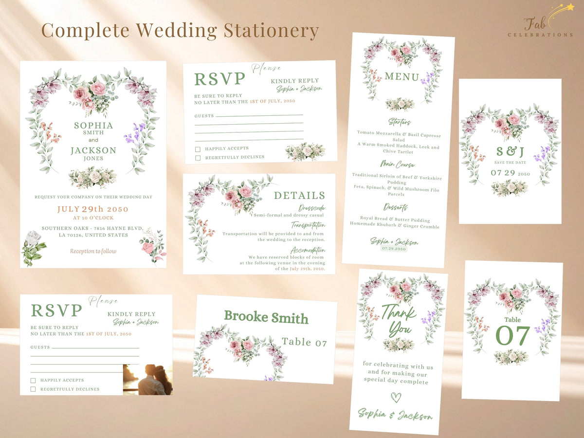 Complete eleven-template wedding stationery collection featuring coordinated invitation, RSVP, details, save the date, table number, place card, menu, thank-you and additional matching watercolor-inspired designs.