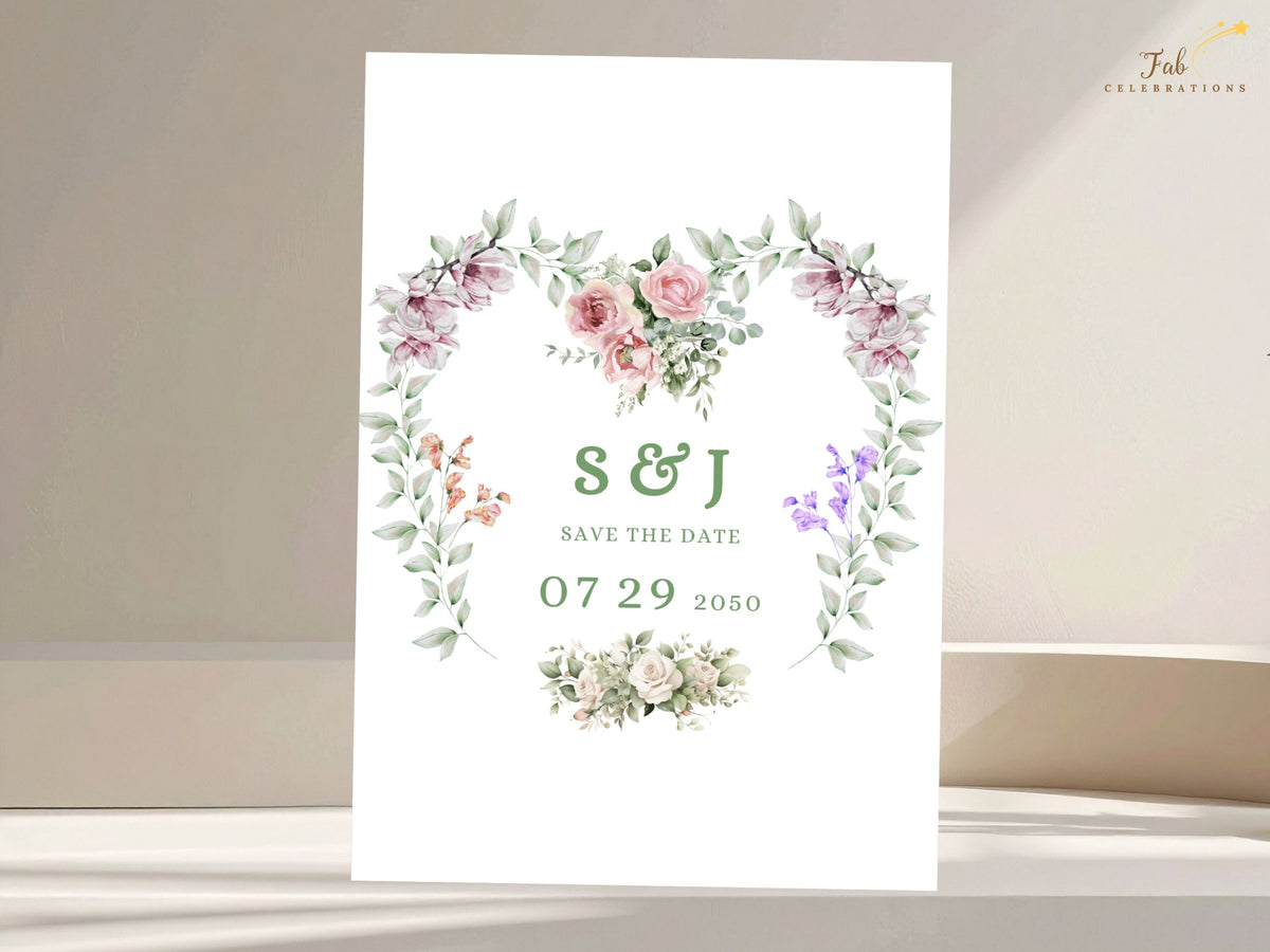 Editable save the date card featuring elegant couple initials and wedding date surrounded by watercolor-inspired pink flowers, purple blossoms and delicate greenery.