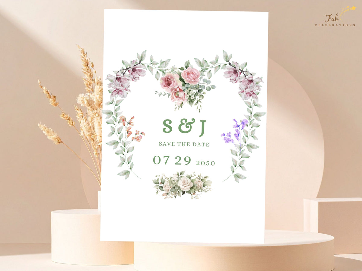 Elegant save the date card featuring personalized initials and wedding date framed by a watercolor-inspired floral heart wreath with soft pink, purple and green botanical details.