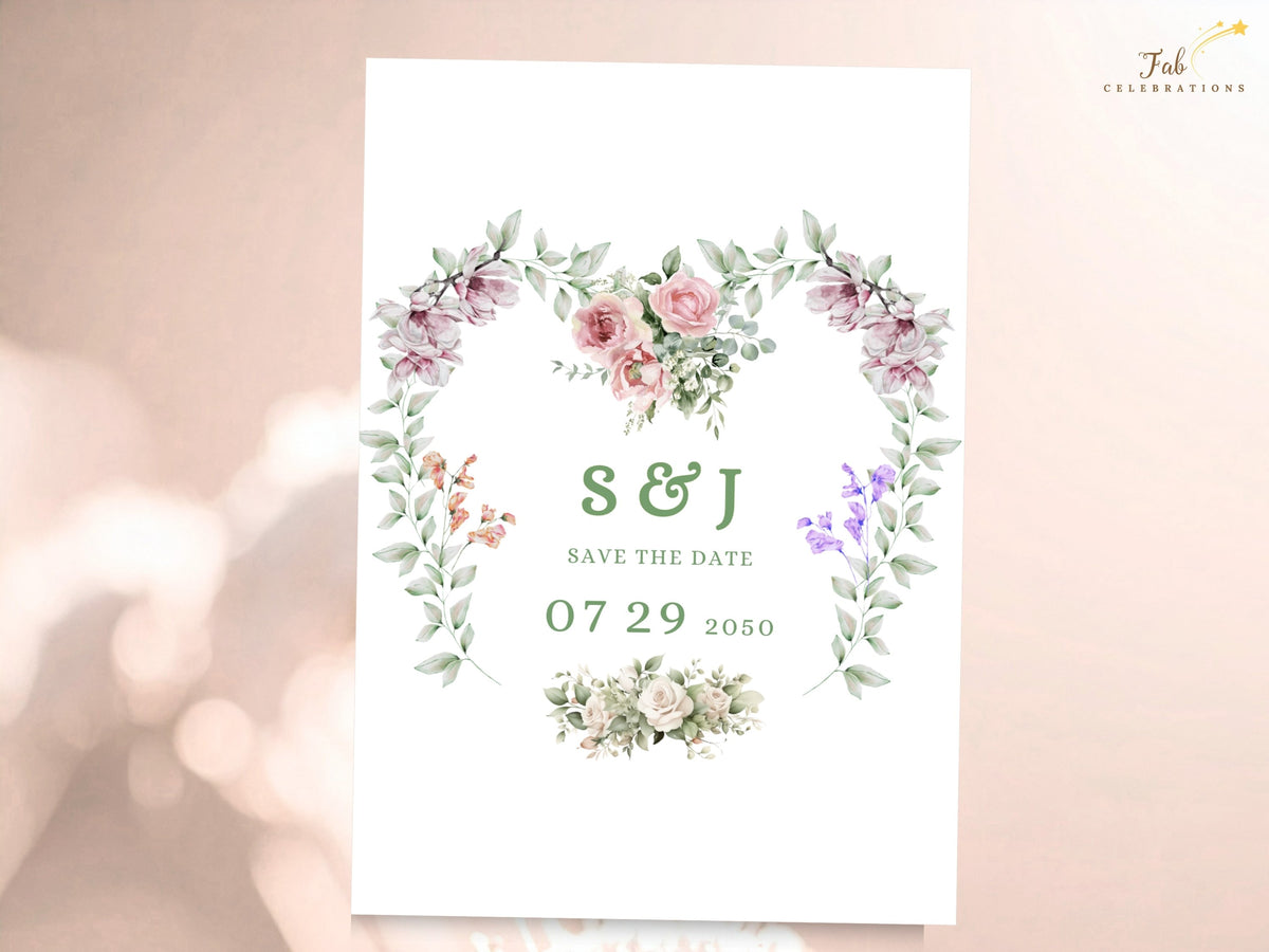 Lavender Wedding Invitations save the date featuring a heart-shaped watercolor-inspired floral wreath, personalized couple initials and wedding date with soft romantic botanical accents.