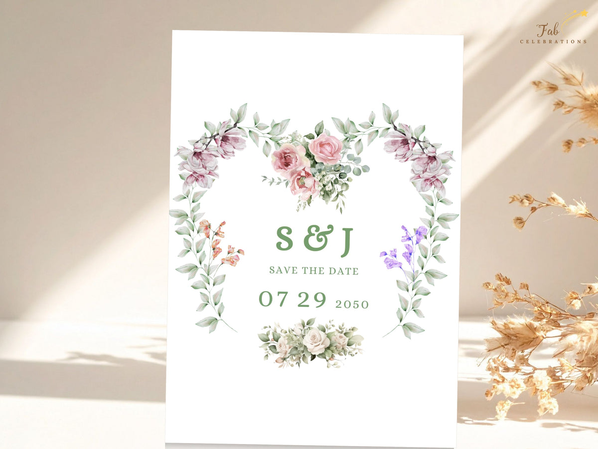 Floral wedding announcement card featuring couple initials and wedding date framed by watercolor-inspired pink roses, purple blossoms, greenery and delicate botanical sprigs.