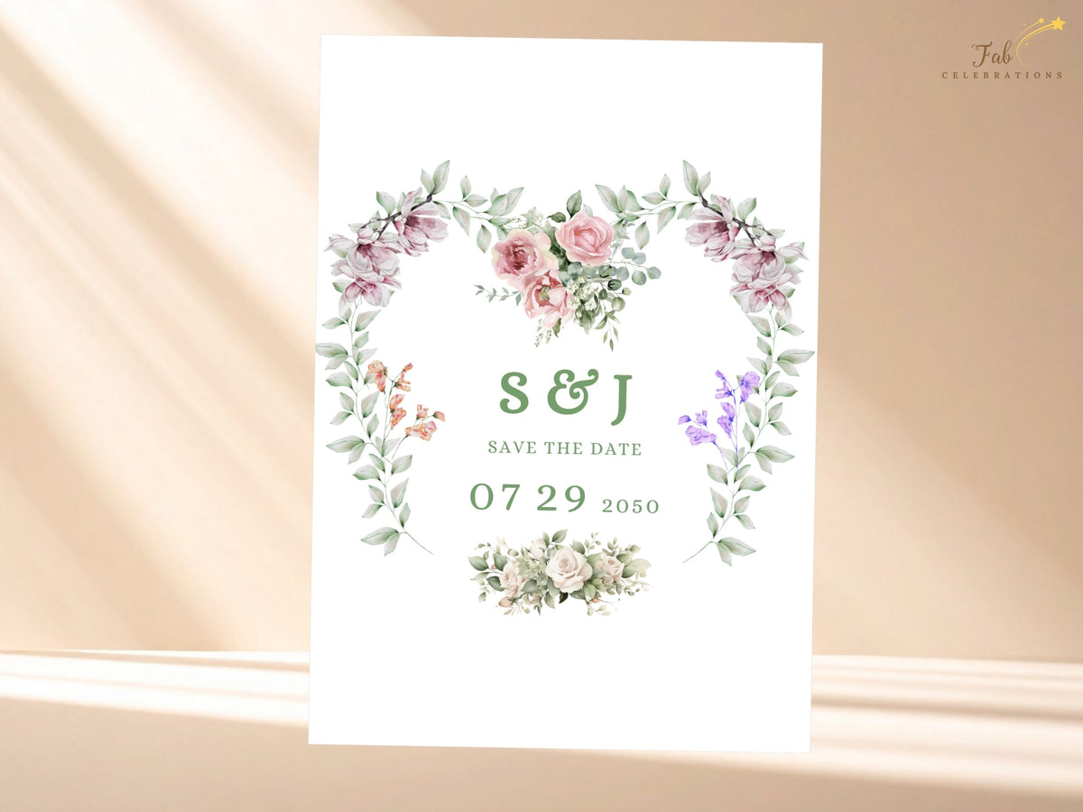 Romantic save the date card featuring a watercolor-inspired heart wreath of pink roses, purple flowers and greenery with elegant personalized initials and wedding date.