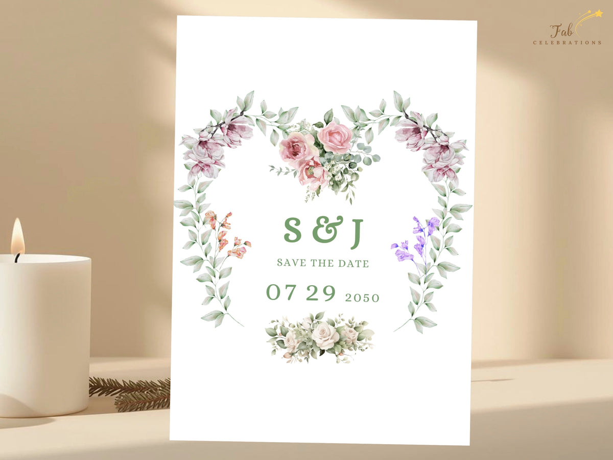 Save the date card featuring soft pink roses, purple blossoms and greenery in a watercolor-inspired heart wreath surrounding personalized couple initials and wedding date.