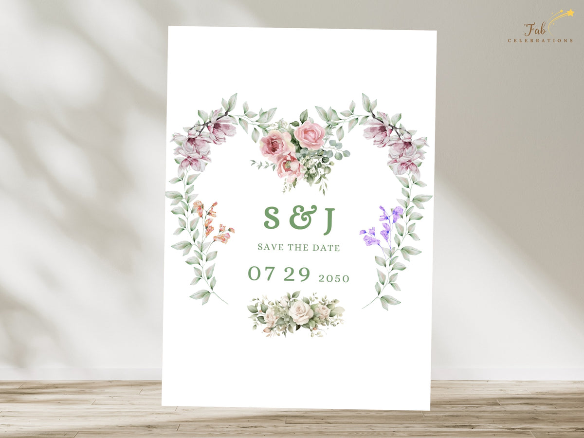 Romantic wedding date card featuring personalized couple initials and date surrounded by a watercolor-inspired floral heart wreath with soft pink roses, purple flowers and greenery.